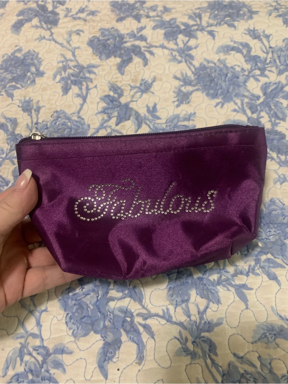 Source Unknown Purple Satin Cosmetic Pouch with Rhinestone Script